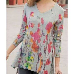 Soft Surroundings Poppy Fields Long Sleeve Tunic Top Heather Gray Plus Size 1X